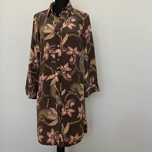 Shirt Dress Womens   Floral Print Long Sleeve  100% silk Size S